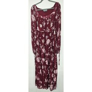 Anthropologie Evelin Wine Floral Puffy Long Sleeve Maxi Dress  Size‎ Large
